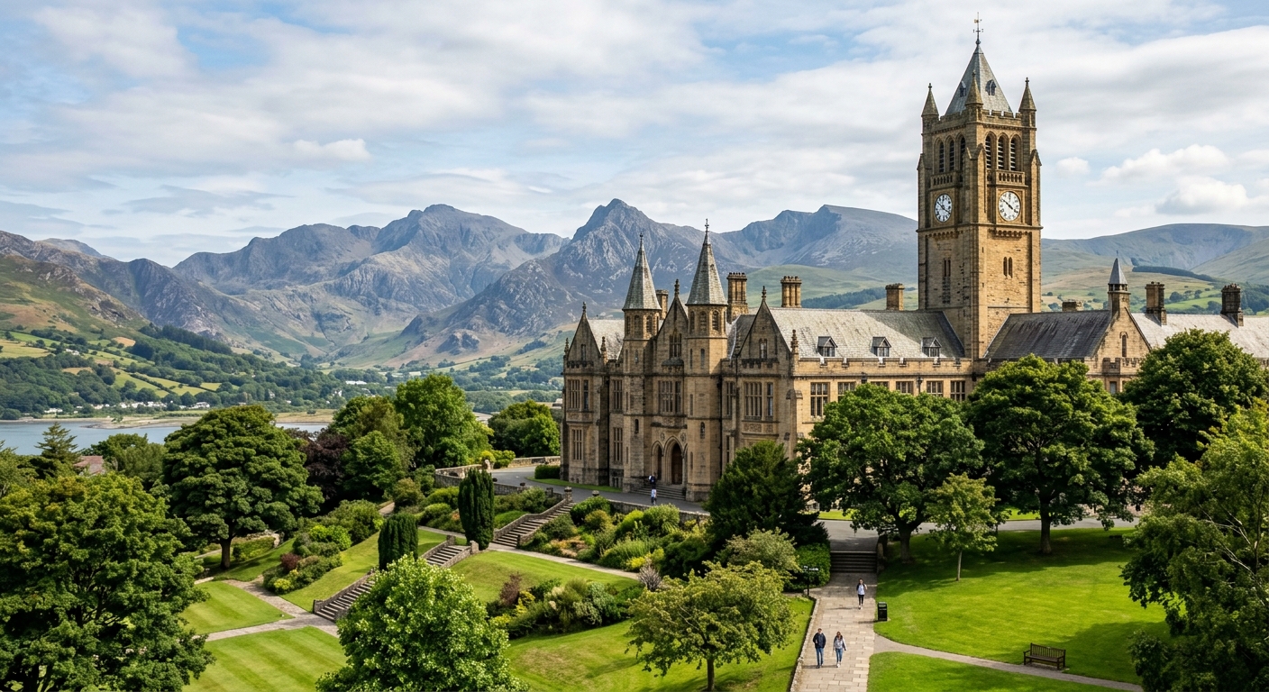 Bangor University historic main arts building with clock tower set against the backdrop of Snowdonia mountains and lush green campus grounds, North Wales, United Kingdom