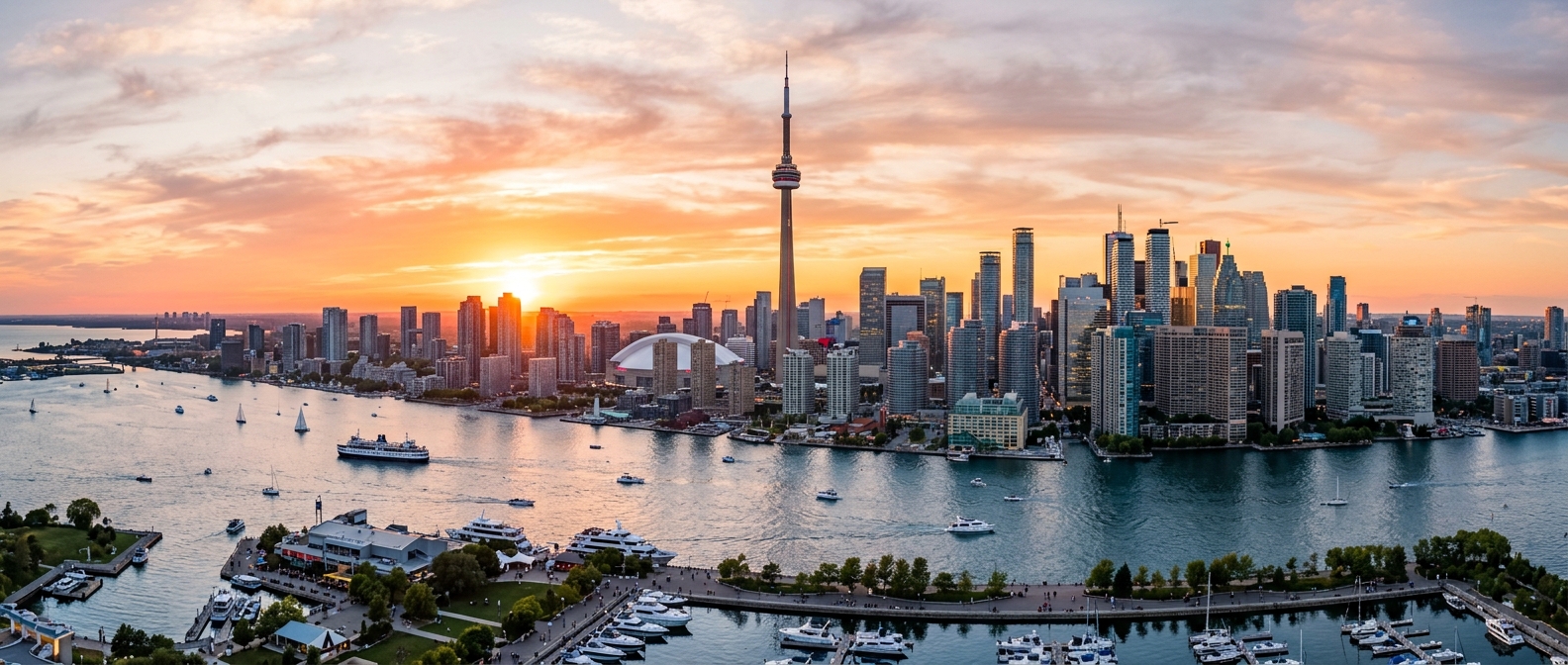 Toronto skyline panorama featuring CN Tower, downtown skyscrapers, waterfront with boats on Lake Ontario, sunset golden hour light, vibrant urban cityscape