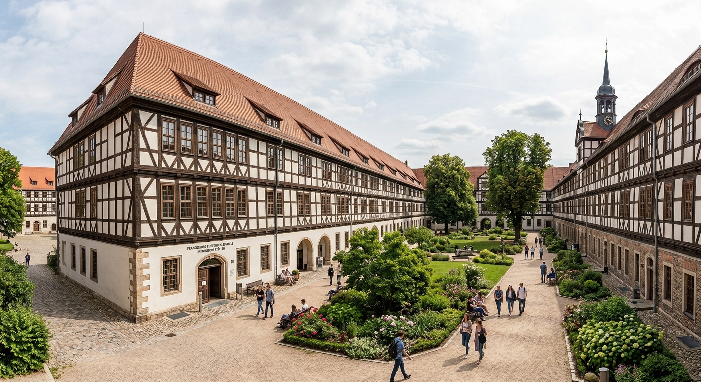 Francke Foundations historic campus complex in Halle, long half-timbered buildings, courtyard with gardens, educational and theological research centre