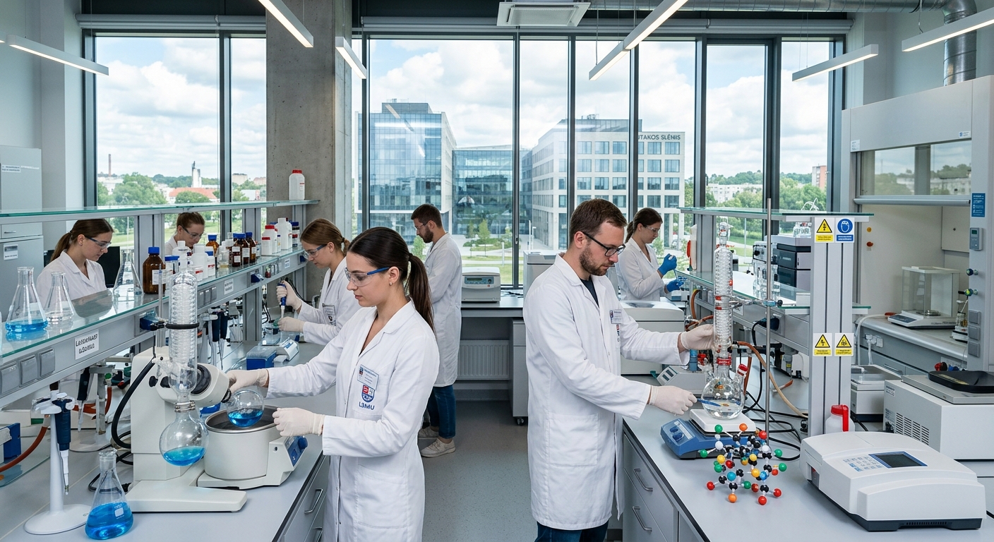 Modern pharmaceutical laboratory at Lithuanian University of Health Sciences in Kaunas, researchers in white lab coats working with chemistry equipment, flasks and molecular models visible, bright laboratory lighting with Santaka Valley research facility in background