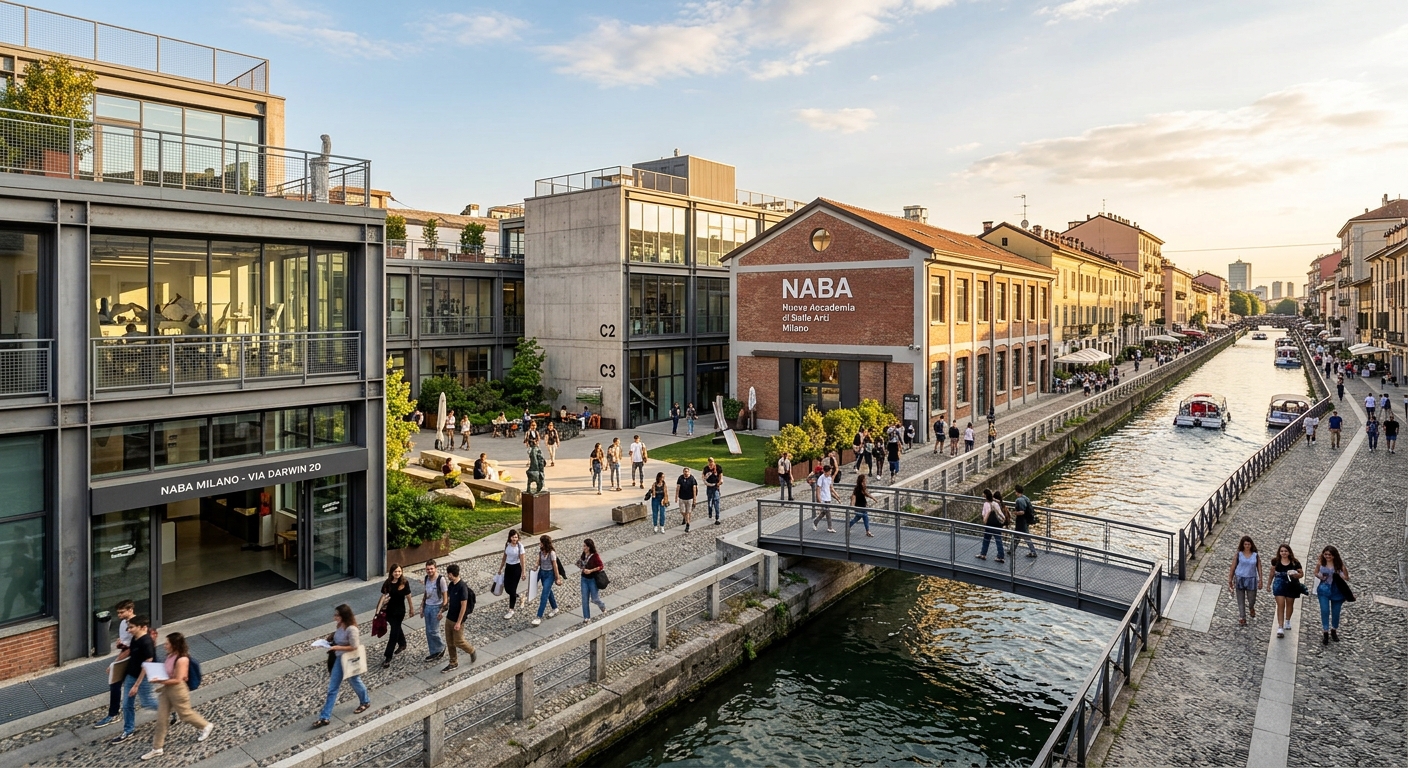 NABA Nuova Accademia di Belle Arti Milan campus wide shot, modern industrial-style buildings in the Navigli canal district, students walking between creative studios, warm Mediterranean sunlight, contemporary architecture with large glass windows