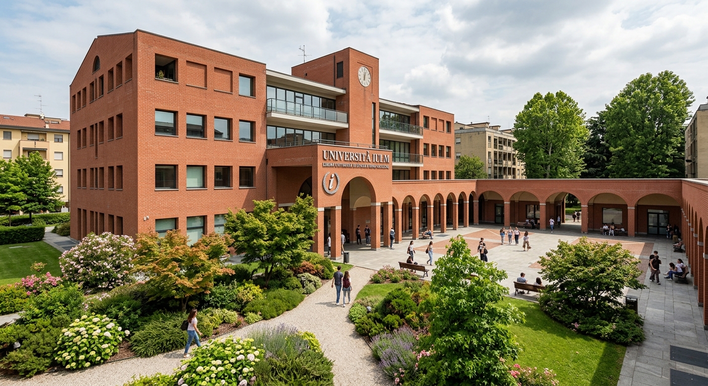 IULM University main building exterior, red brick facade with porticoed courtyard, modern Italian university architecture, green landscaped garden in foreground