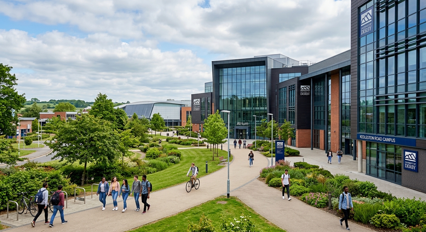 University of Derby campus in Derby, England, showing modern academic buildings with glass facades, green landscaped areas, and students walking along pathways under a partly cloudy sky