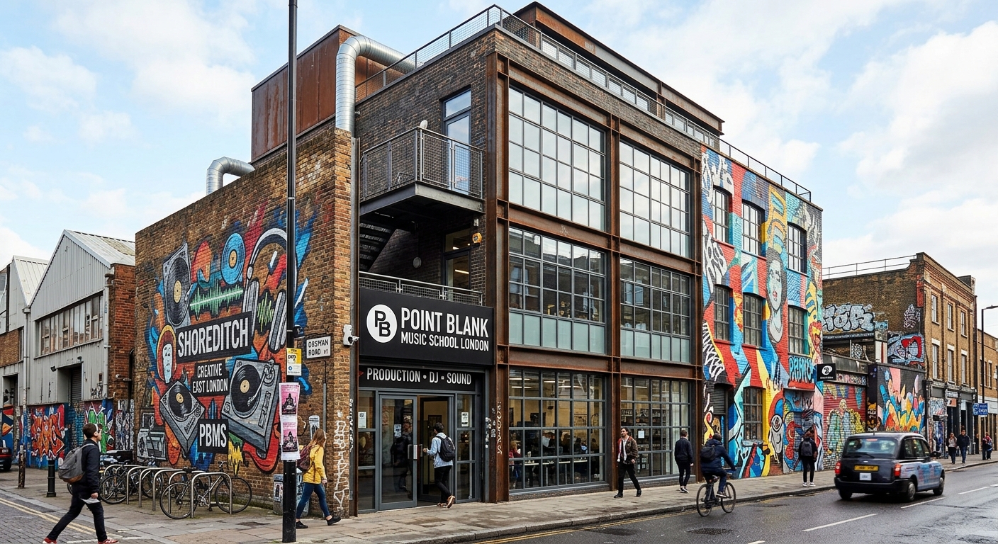 Point Blank Music School London campus exterior in Shoreditch, modern industrial-style building with large windows, vibrant street art on nearby walls, urban East London setting with creative energy