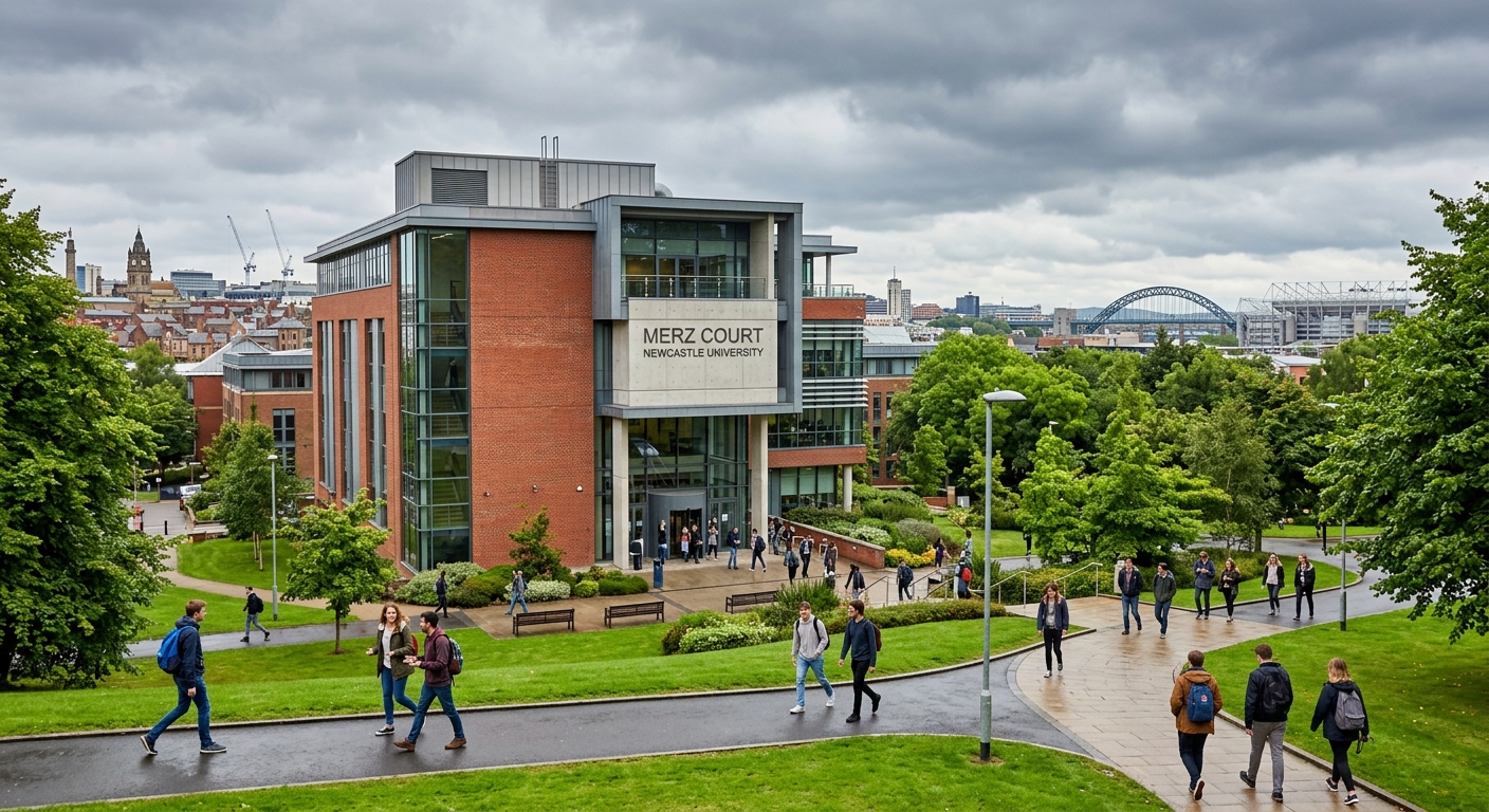 Newcastle University Merz Court engineering building exterior with modern architecture, green campus surroundings, students walking along pathways, Newcastle upon Tyne cityscape in background, overcast British sky