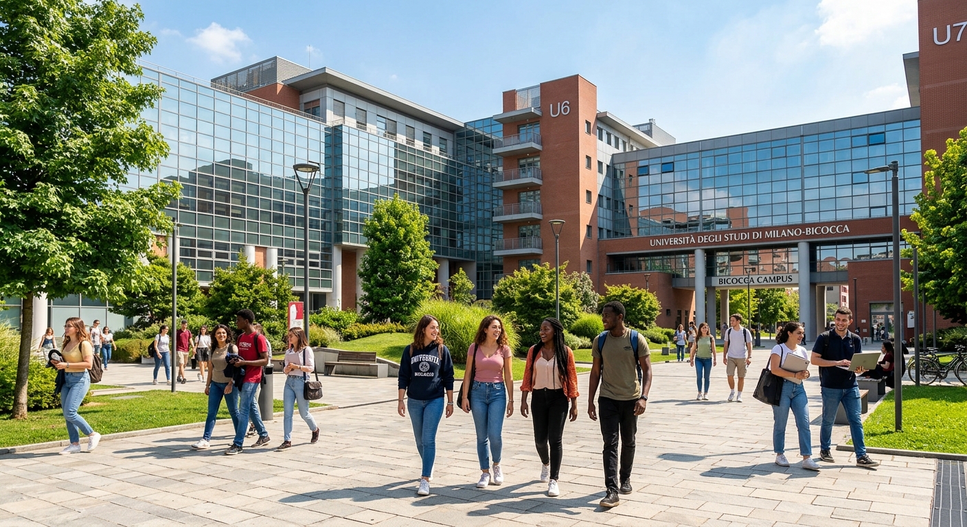 Modern University of Milano-Bicocca campus buildings in Milan Italy, contemporary architecture with glass facades, international students walking across a sunlit plaza with green landscaping
