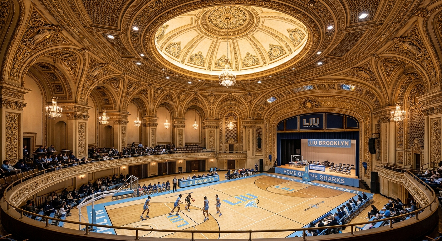 Historic Brooklyn Paramount Theater interior converted into LIU gymnasium and performance space, ornate ceiling details, grand architecture with basketball court visible