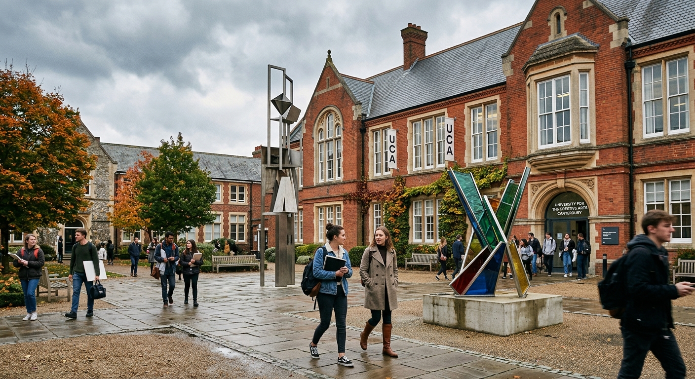 Historic Canterbury campus of the University for the Creative Arts, red-brick building with large windows, students walking through a courtyard with contemporary art installations, overcast English sky