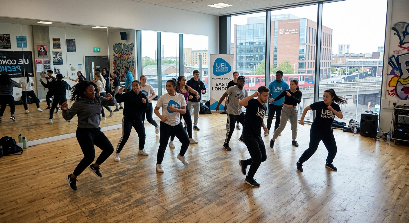 Dynamic dance studio at University of East London with diverse students performing hip-hop and contemporary urban dance moves, large mirrors and wooden floors, bright studio lighting, East London campus visible through windows