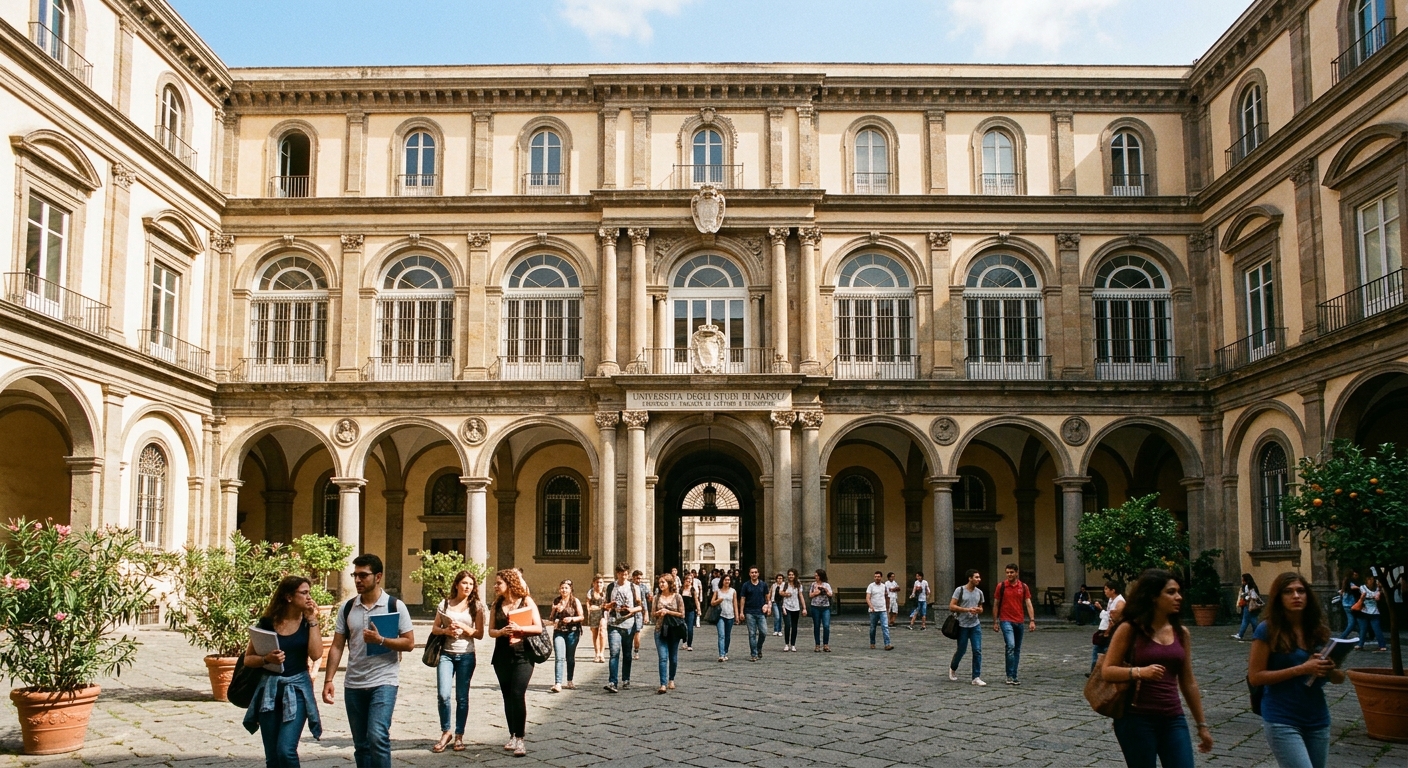 Historic University of Naples Federico II humanities building facade with classical Italian architecture, arched windows, and students walking through a sunlit courtyard in central Naples, Italy