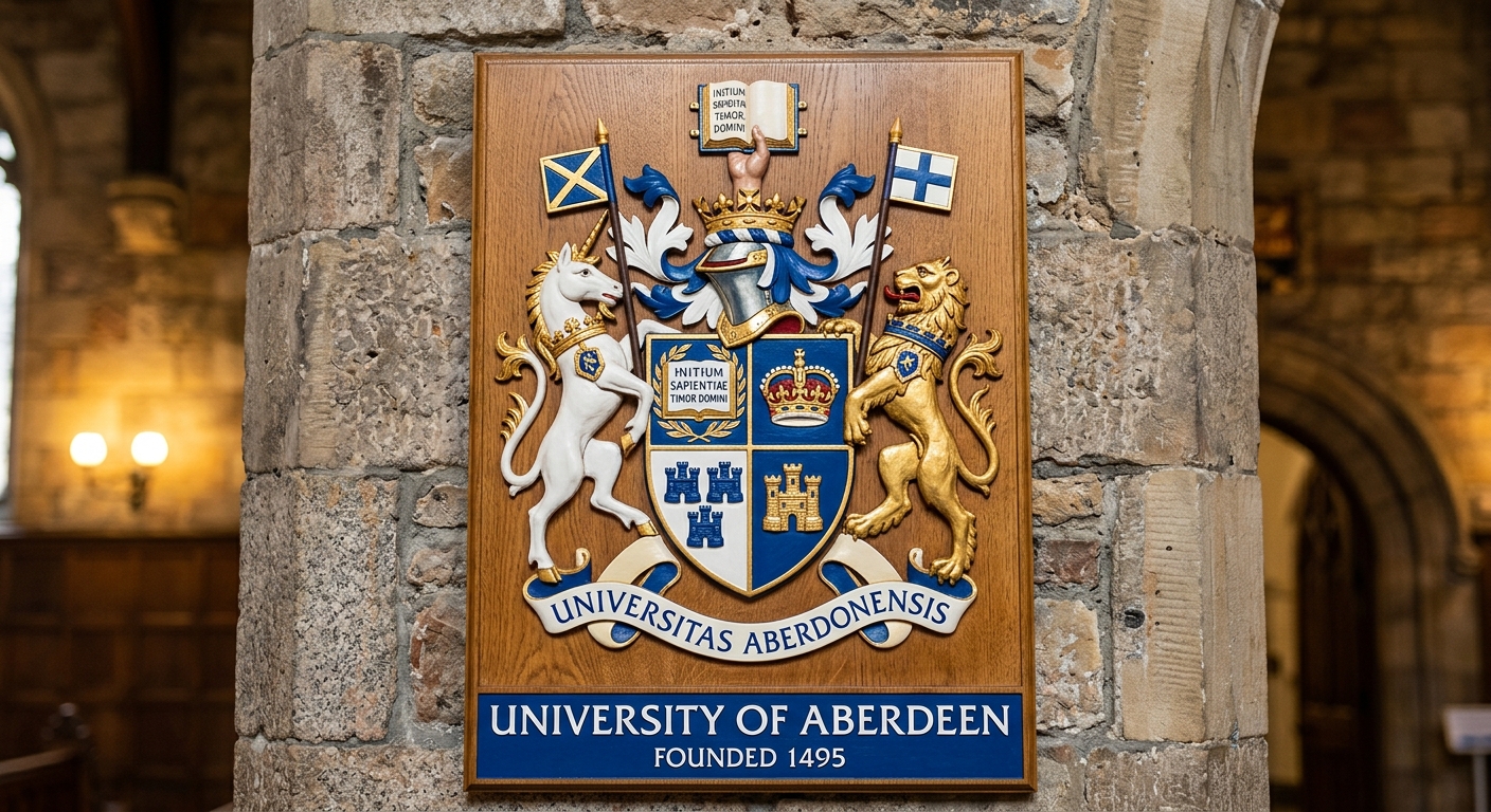 University of Aberdeen official logo, shield crest featuring open book and crown motif, traditional university heraldry in blue and white