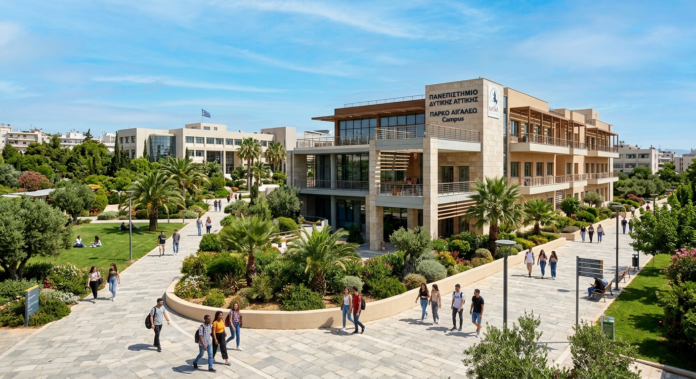 Egaleo Park Campus of University of West Attica, modern university buildings with landscaped green areas, students walking on pathways, Mediterranean architecture, sunny day