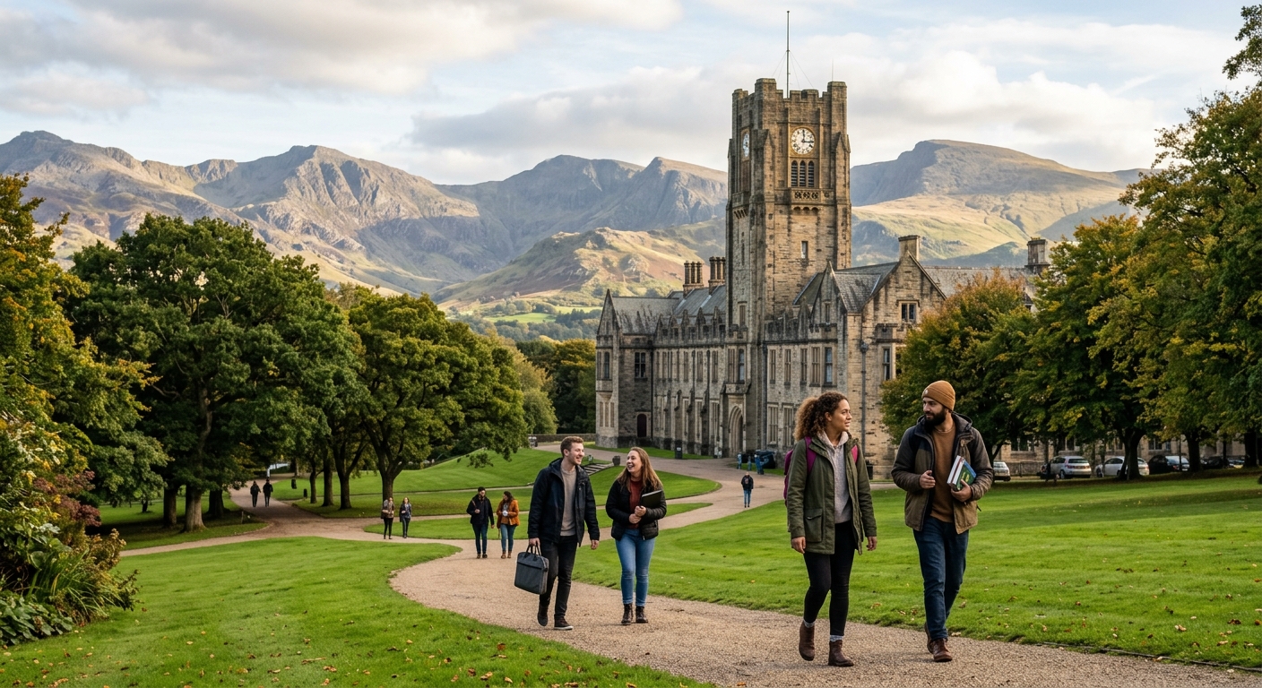 Bangor University historic main building with clock tower set against the backdrop of Snowdonia mountains, green campus grounds with postgraduate students walking along tree-lined paths in North Wales