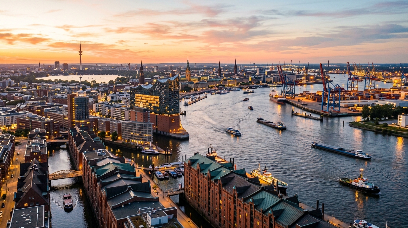 Hamburg city skyline panorama at golden hour, Elbphilharmonie concert hall, Speicherstadt warehouse district, harbor cranes, Alster Lake, ships on the Elbe River