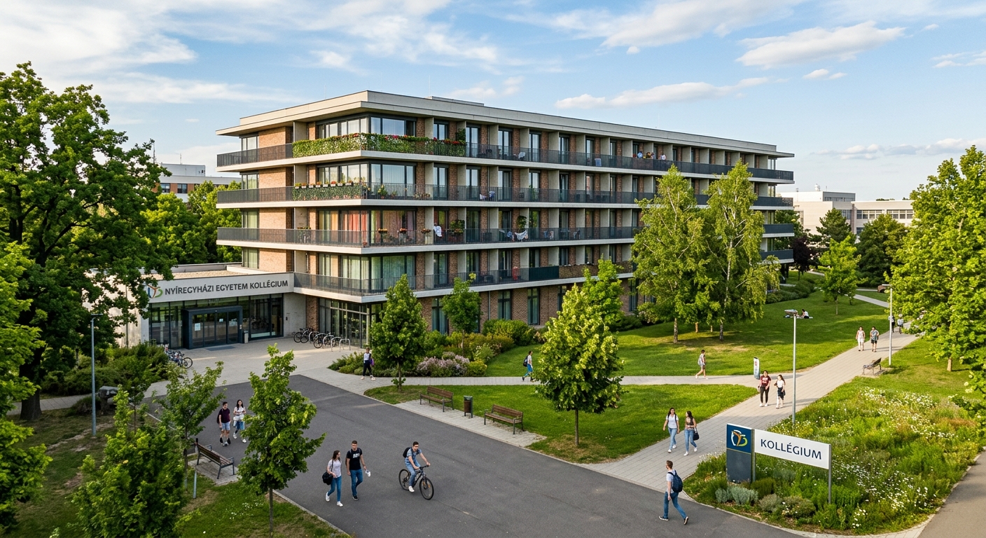 Student dormitory building at the University of Nyíregyháza surrounded by parkland, showing a multi-story modern residence hall with balconies