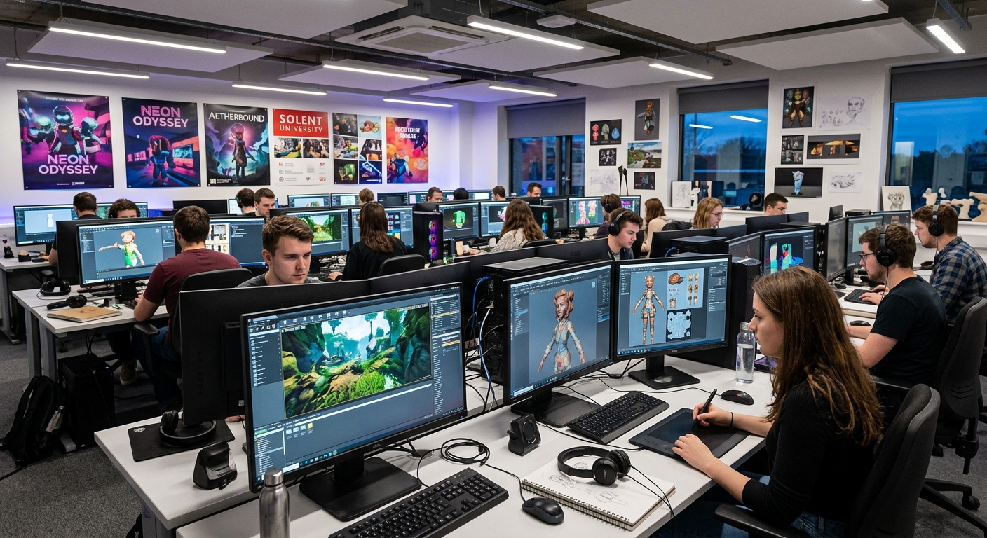 Modern computer games art studio at Solent University Southampton, students working on 3D character models and digital environments using dual-monitor workstations, colorful game artwork displayed on screens, bright creative lab atmosphere