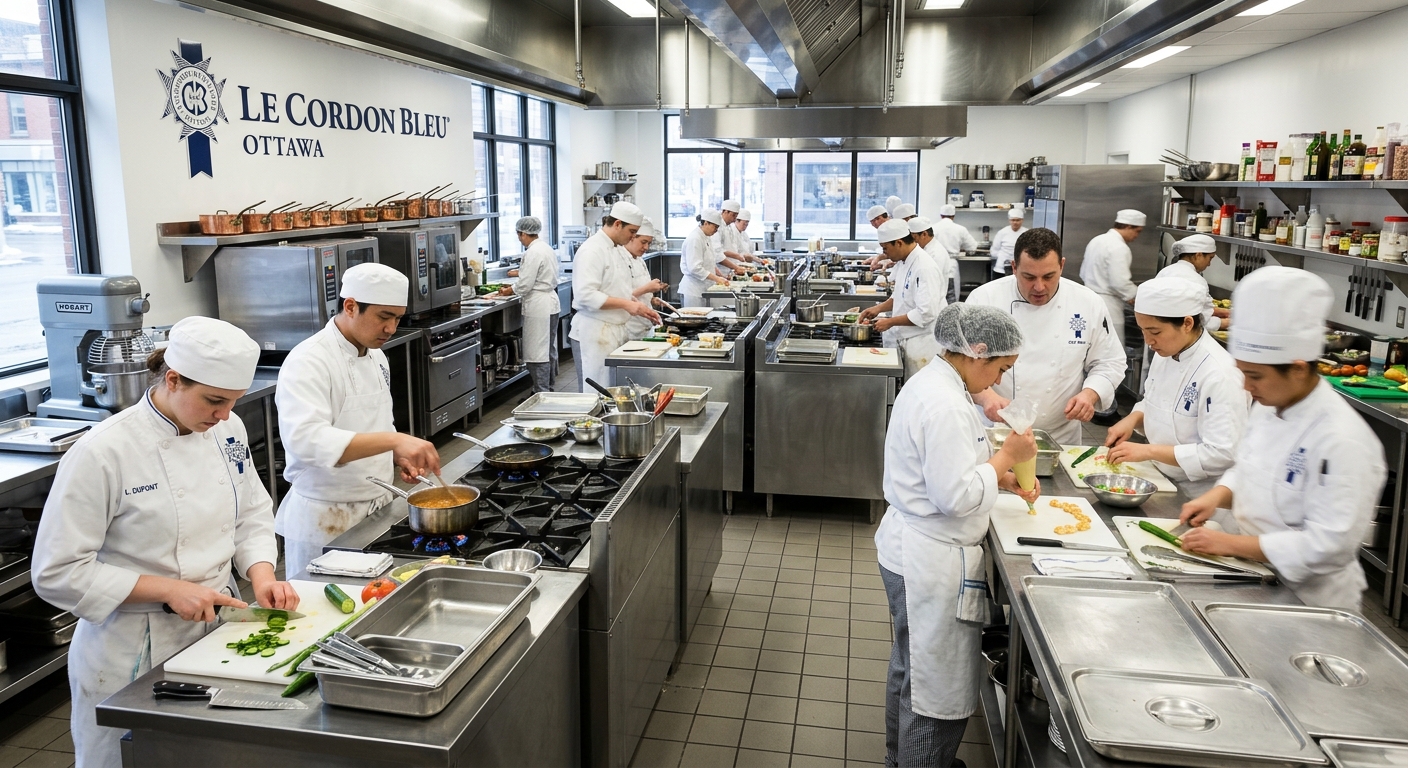 Le Cordon Bleu Ottawa commercial-grade teaching kitchen with stainless steel workstations, professional equipment, and students in white chef uniforms practicing culinary techniques