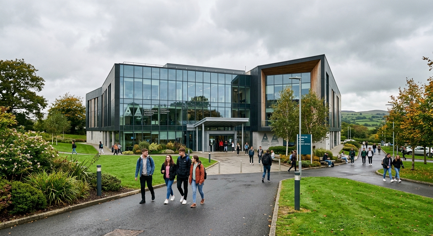 Modern university campus building at Atlantic Technological University Letterkenny, Ireland, with students walking on pathways surrounded by green landscaped grounds, overcast Irish sky, contemporary architecture with glass facades