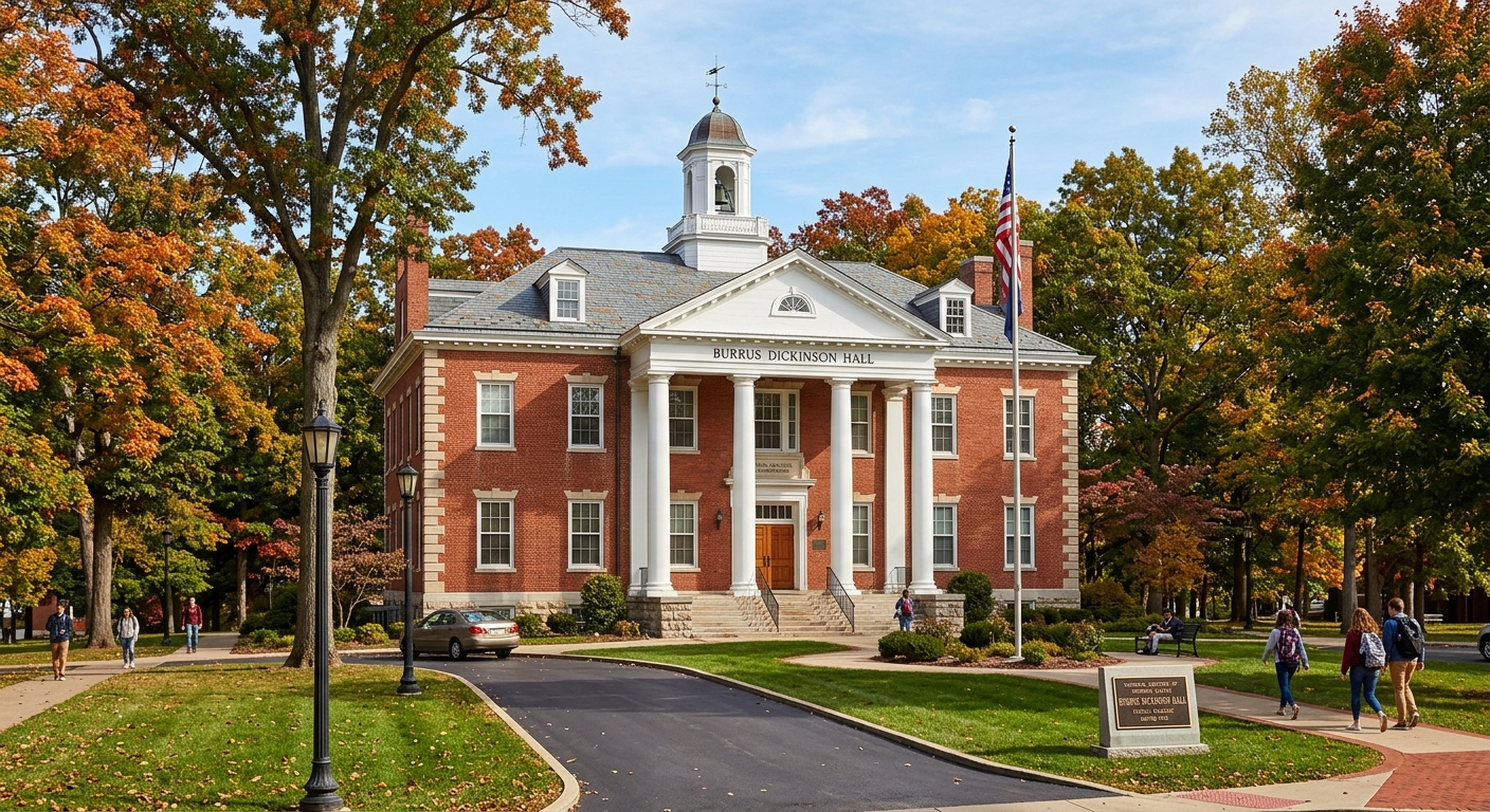 Burrus Dickinson Hall, a stately red brick administration building with white columns, listed on the National Register of Historic Places, surrounded by mature trees on the Eureka College campus