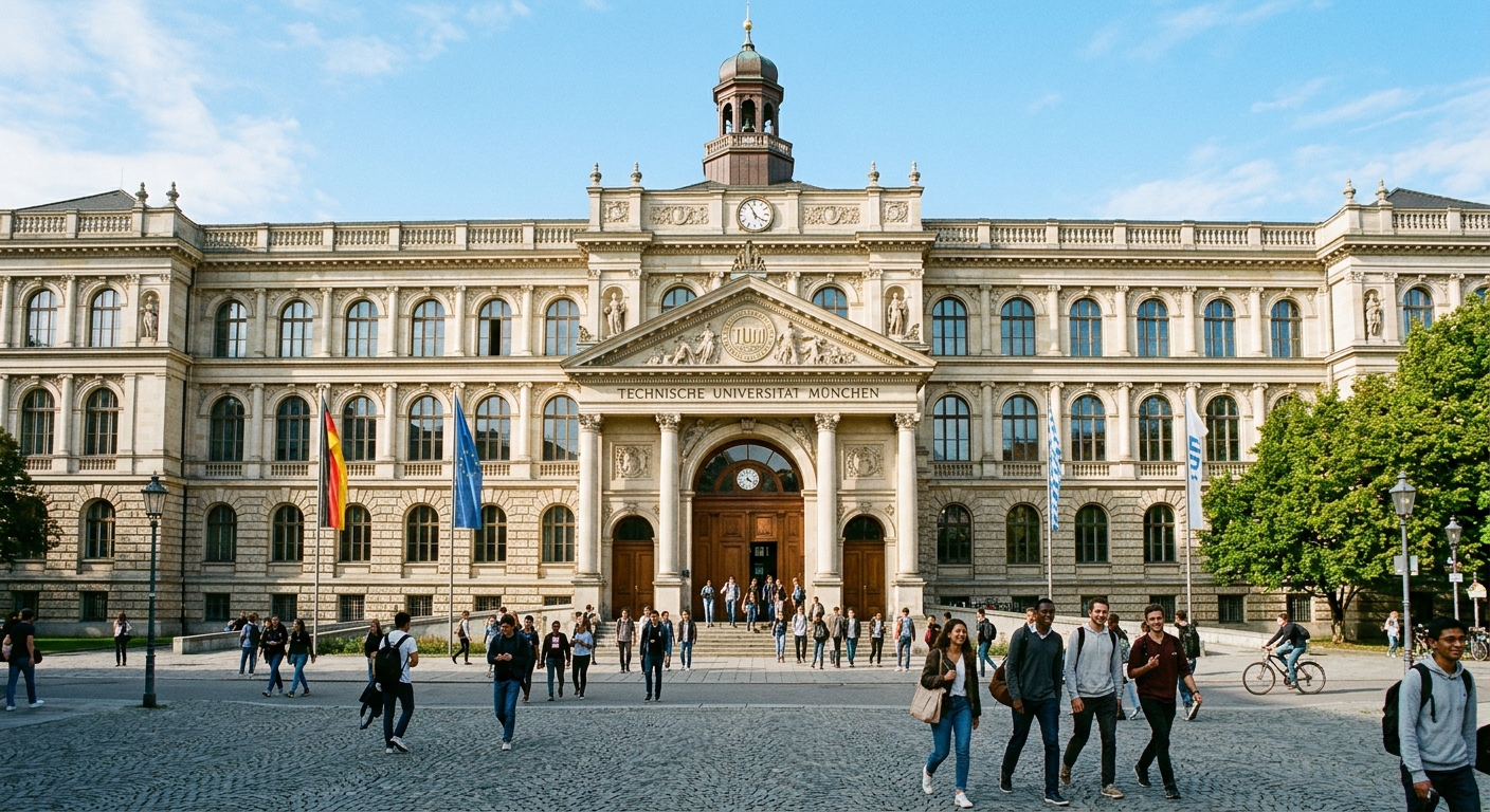 TUM main campus historic neoclassical building on Arcisstrasse in Munich Maxvorstadt district, ornate stone facade with arched entrance, students walking through courtyard, blue sky