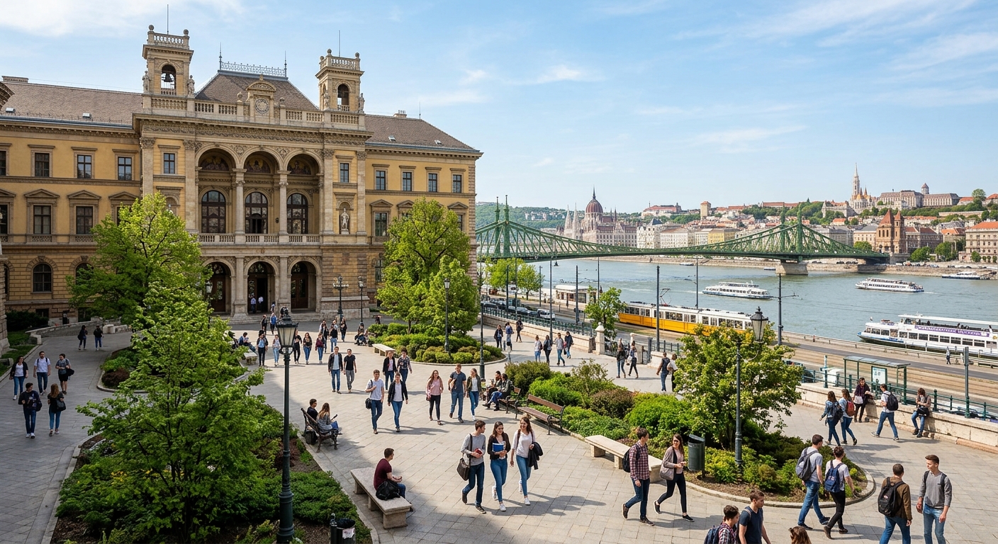 Corvinus University of Budapest historic neo-renaissance main building on the Danube riverbank, students walking through the campus courtyard on a sunny day, Budapest cityscape in the background