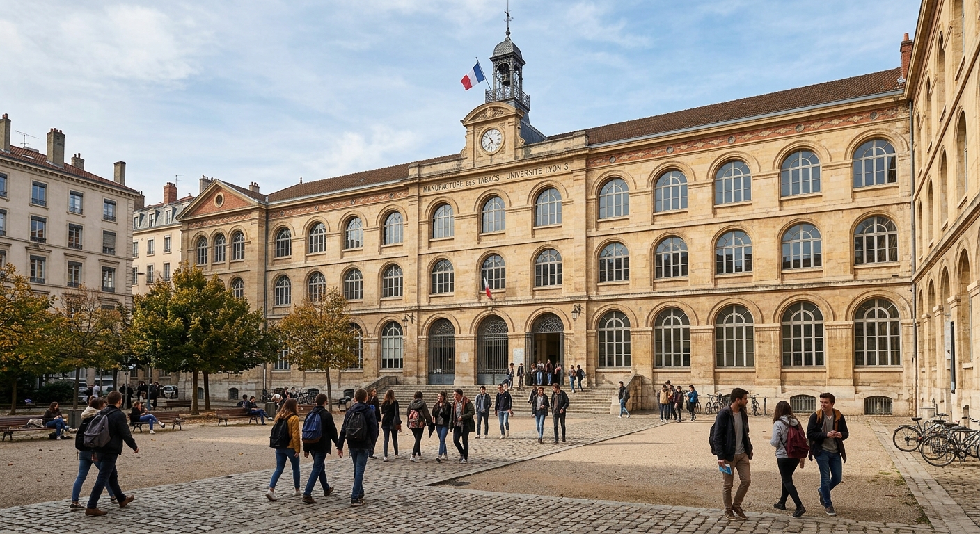 Manufacture des Tabacs campus exterior, grand historic industrial building with arched windows, students walking through courtyard, Lyon urban setting