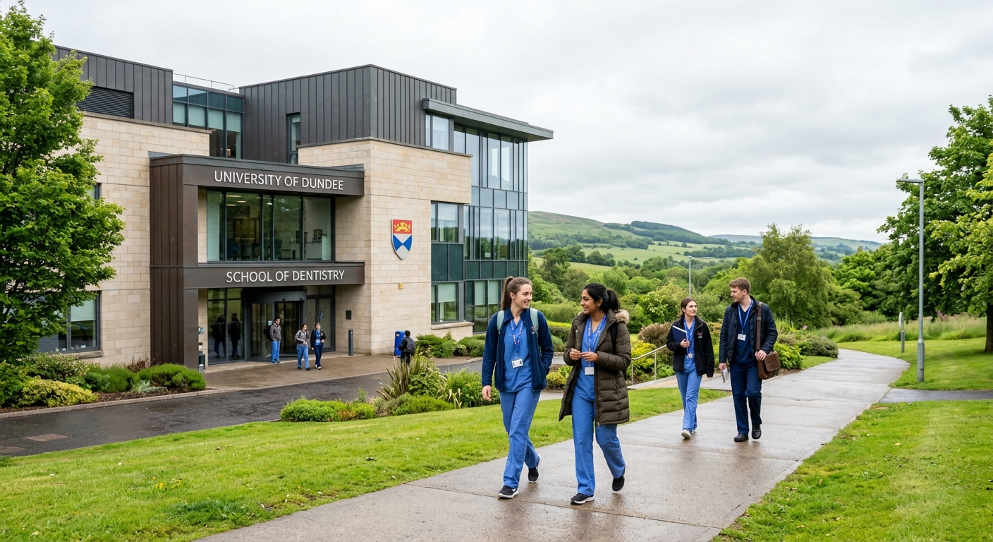 University of Dundee School of Dentistry building exterior with modern architecture, dental students walking on campus pathway, green Scottish landscape in background, bright overcast sky typical of Dundee Scotland