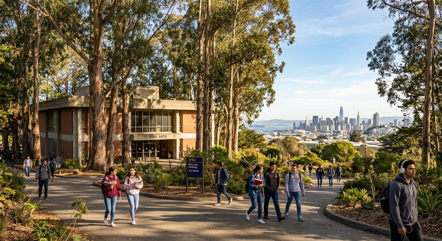 San Francisco State University campus with the Fine Arts Building surrounded by eucalyptus trees, students walking along pathways with views of San Francisco skyline in the background, warm California sunlight