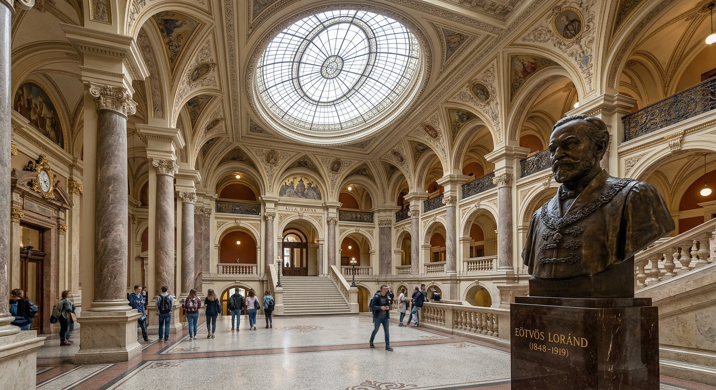 ELTE main building interior, grand hall with marble columns, arched ceilings, oval skylight window, neoclassical architecture, bust of Loránd Eötvös in the entrance