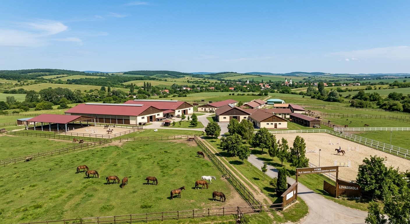UVMB Ullo Field Station, large animal stables and riding school, green pastures with horses, Hungarian countryside landscape, clear blue sky