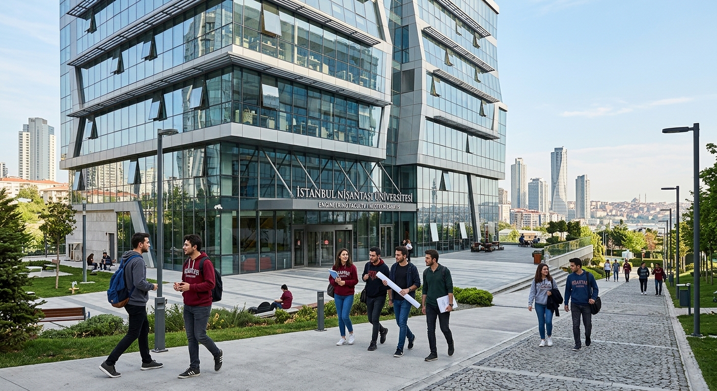 Modern Istanbul Nisantasi University NeoTech campus in Maslak district with glass-facade engineering building, civil engineering students walking on campus paths, Istanbul skyline visible in background, bright daylight