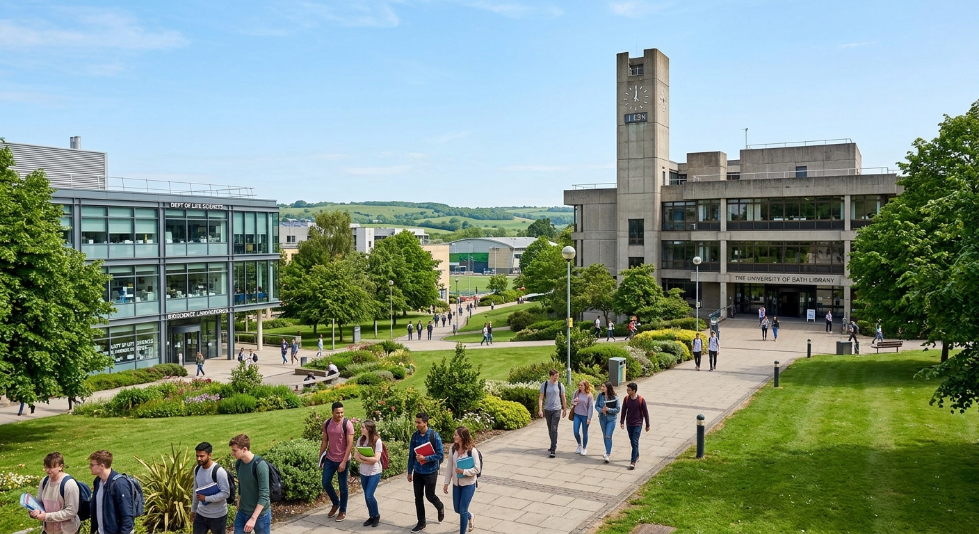 University of Bath campus with modern bioscience laboratories, green parkland, and the iconic library building under a clear sky, students walking along pathways near the Department of Life Sciences