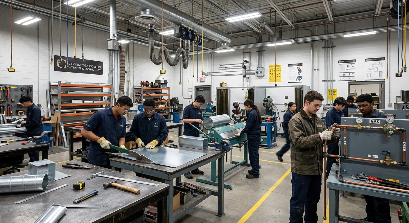 Conestoga College trades workshop with students working on sheet metal fabrication and gas fitting equipment, industrial tools and ventilation systems visible, bright workshop lighting