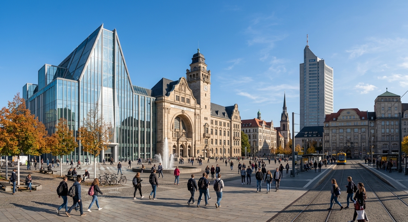 University of Leipzig Augustusplatz campus wide shot, modern Paulinum building with glass facade, historic Augusteum, students walking across the plaza, European city center architecture, clear sky