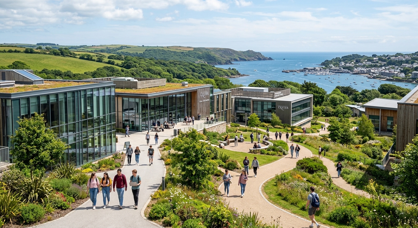 University of Exeter Penryn Campus in Cornwall surrounded by lush green landscapes, modern eco-friendly buildings with glass facades, students walking through campus paths with coastal scenery in the background, bright natural daylight
