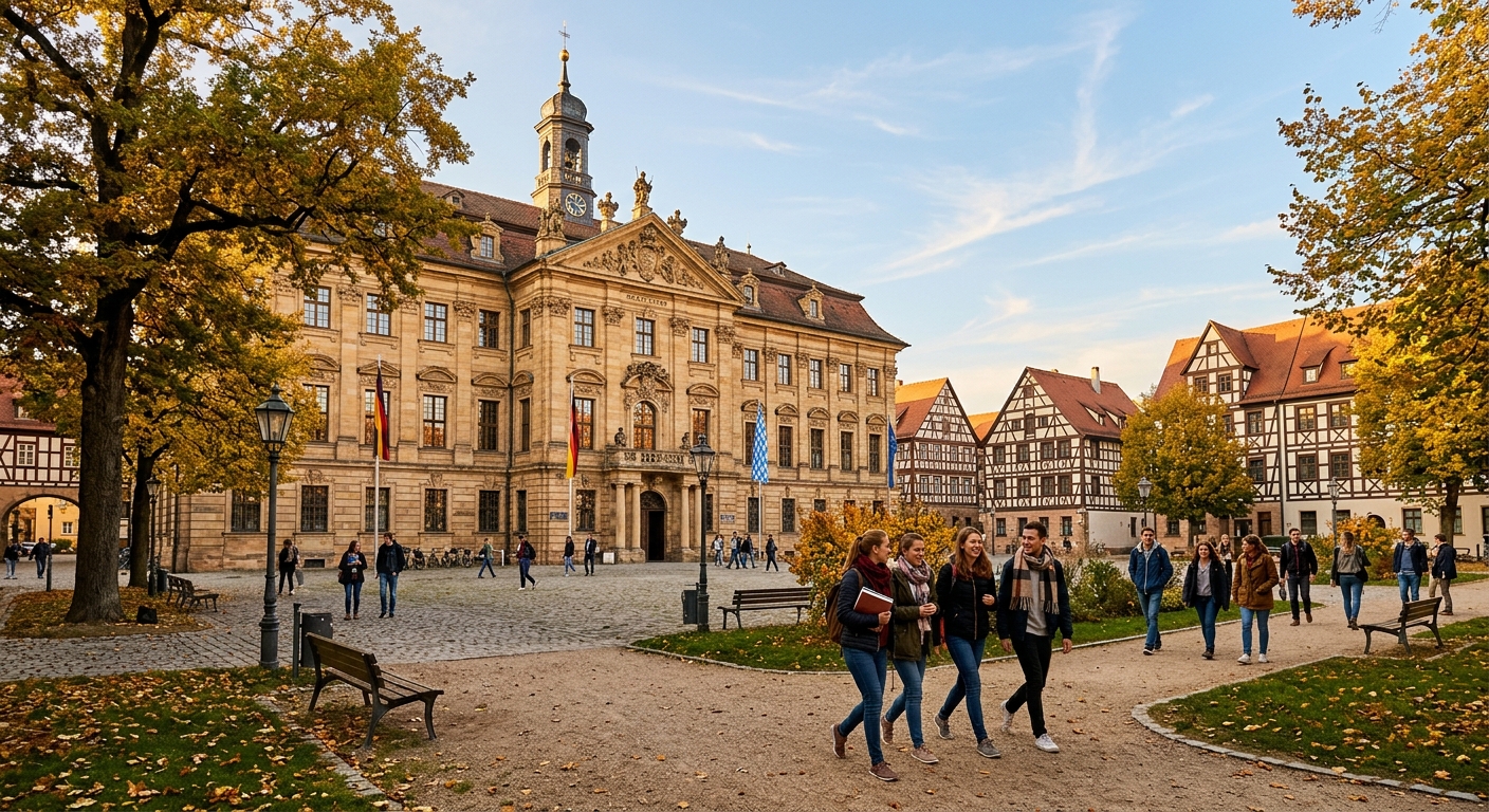 Historic university building in Erlangen with Baroque architecture, students walking through a tree-lined courtyard, Franconian half-timbered buildings in the background, warm golden afternoon light