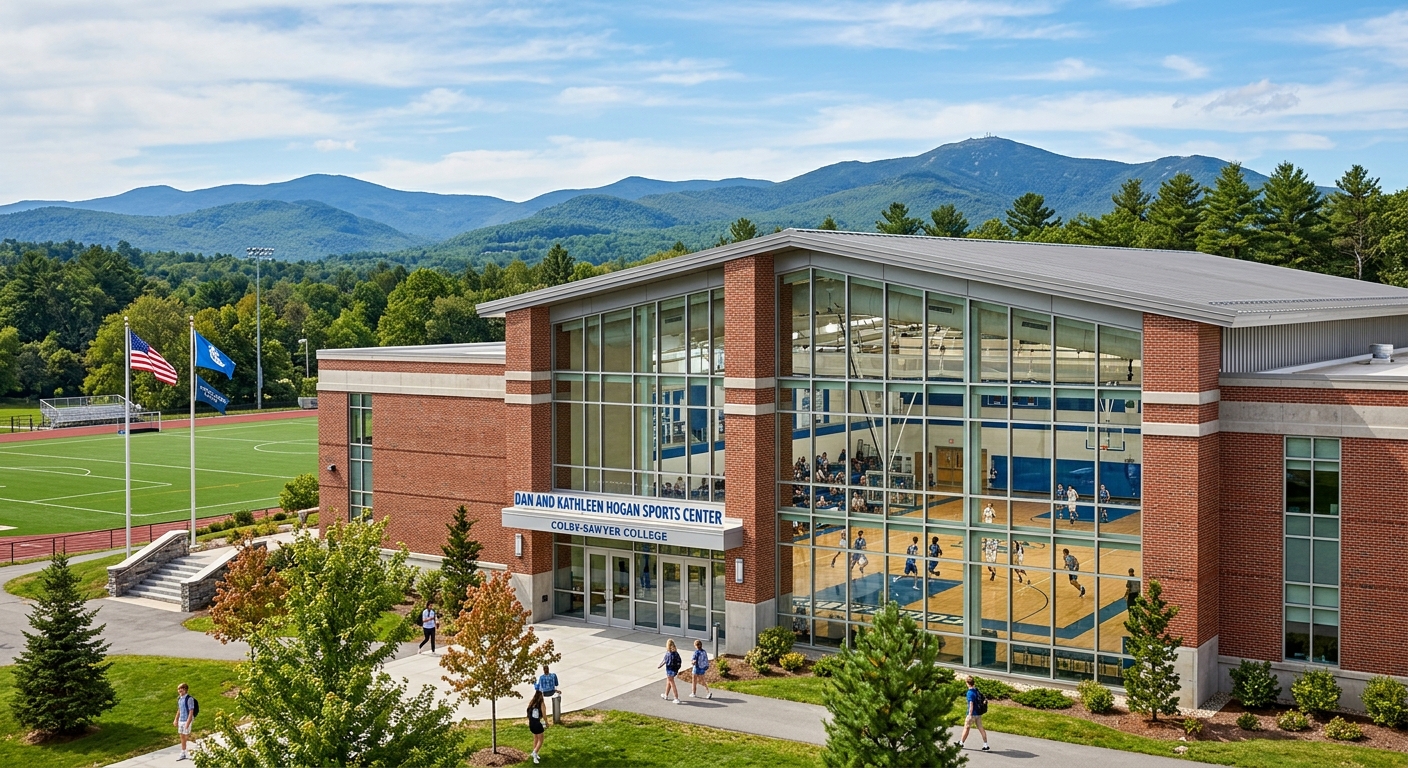 Dan and Kathleen Hogan Sports Center at Colby-Sawyer College, athletic facility exterior with basketball court visible through windows, blue sky and mountain backdrop