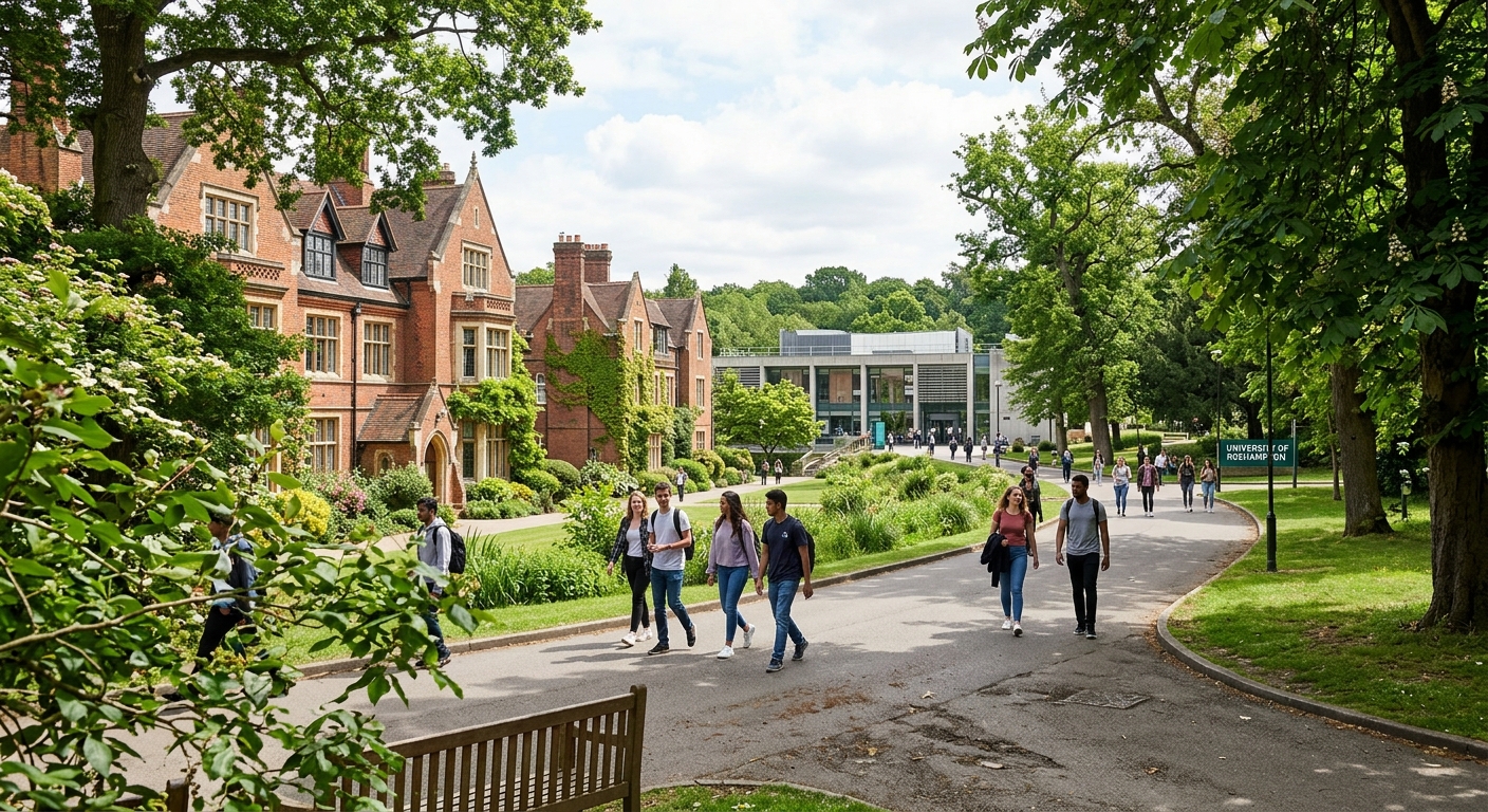 University of Roehampton parkland campus in southwest London with historic college buildings surrounded by lush greenery, students walking along tree-lined pathways, modern library visible in the background