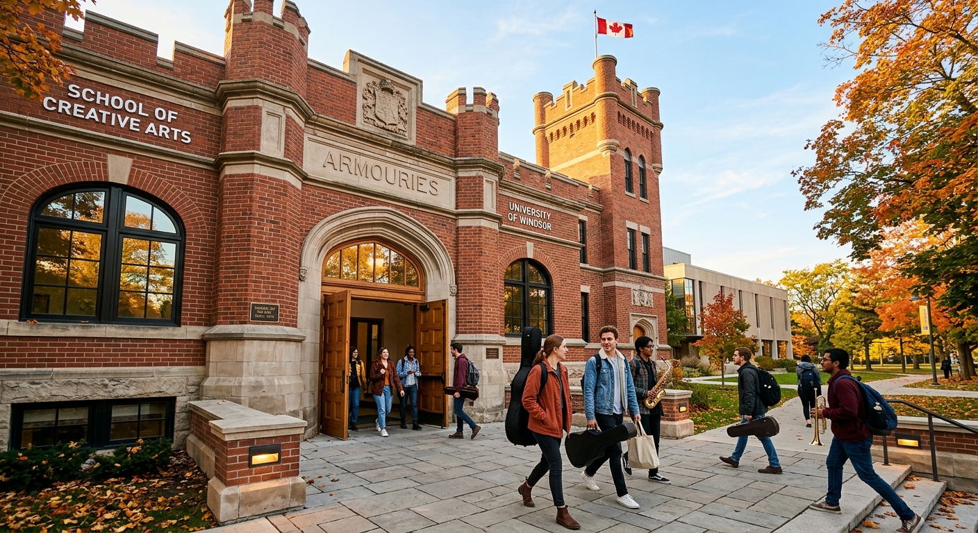 Historic Windsor Armouries building housing the School of Creative Arts at the University of Windsor, with students carrying instrument cases walking through the entrance, warm autumn light illuminating the renovated brick facade