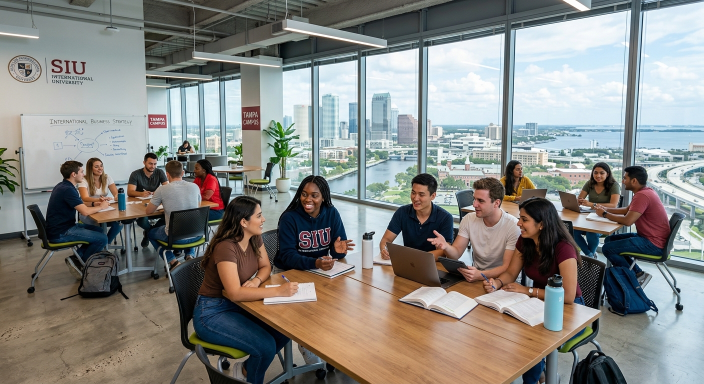 Interior of Schiller International University Tampa campus on the 17th floor of a modern downtown skyscraper, open classroom with floor-to-ceiling windows overlooking Tampa cityscape, diverse students collaborating