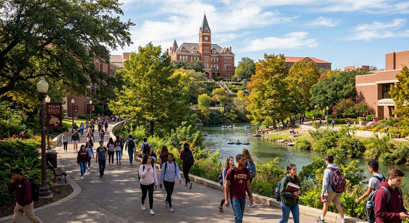 Texas State University campus in San Marcos with the Old Main building and San Marcos River, students walking along tree-lined pathways on a sunny day, education college setting