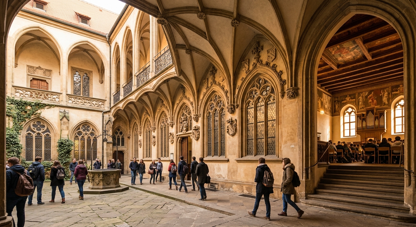 The Carolinum building interior courtyard in Prague Old Town, Gothic arched windows, ornate stone carvings, historic academic hall with vaulted ceilings and warm lighting