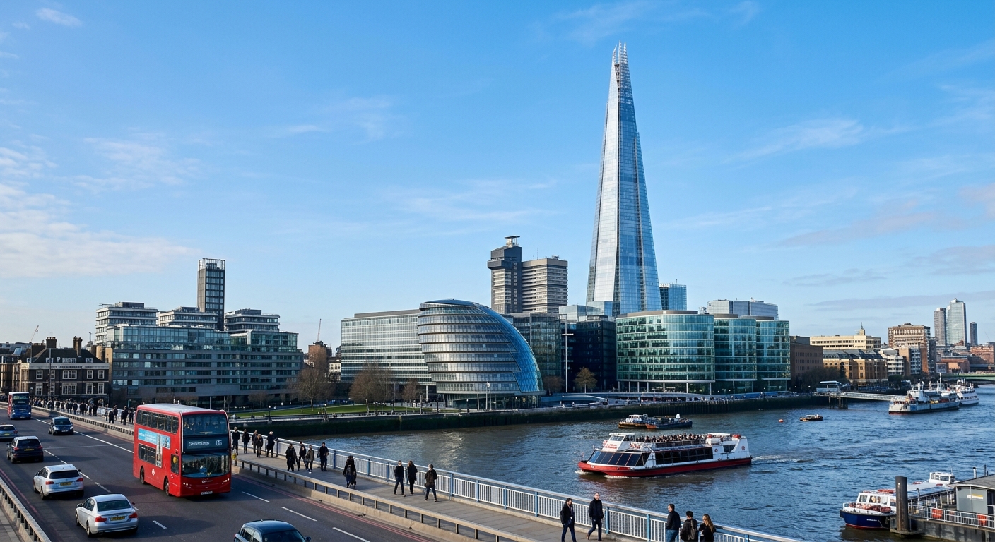 The Shard London skyscraper exterior view from London Bridge, glass pyramid tower against blue sky, River Thames visible, modern urban setting