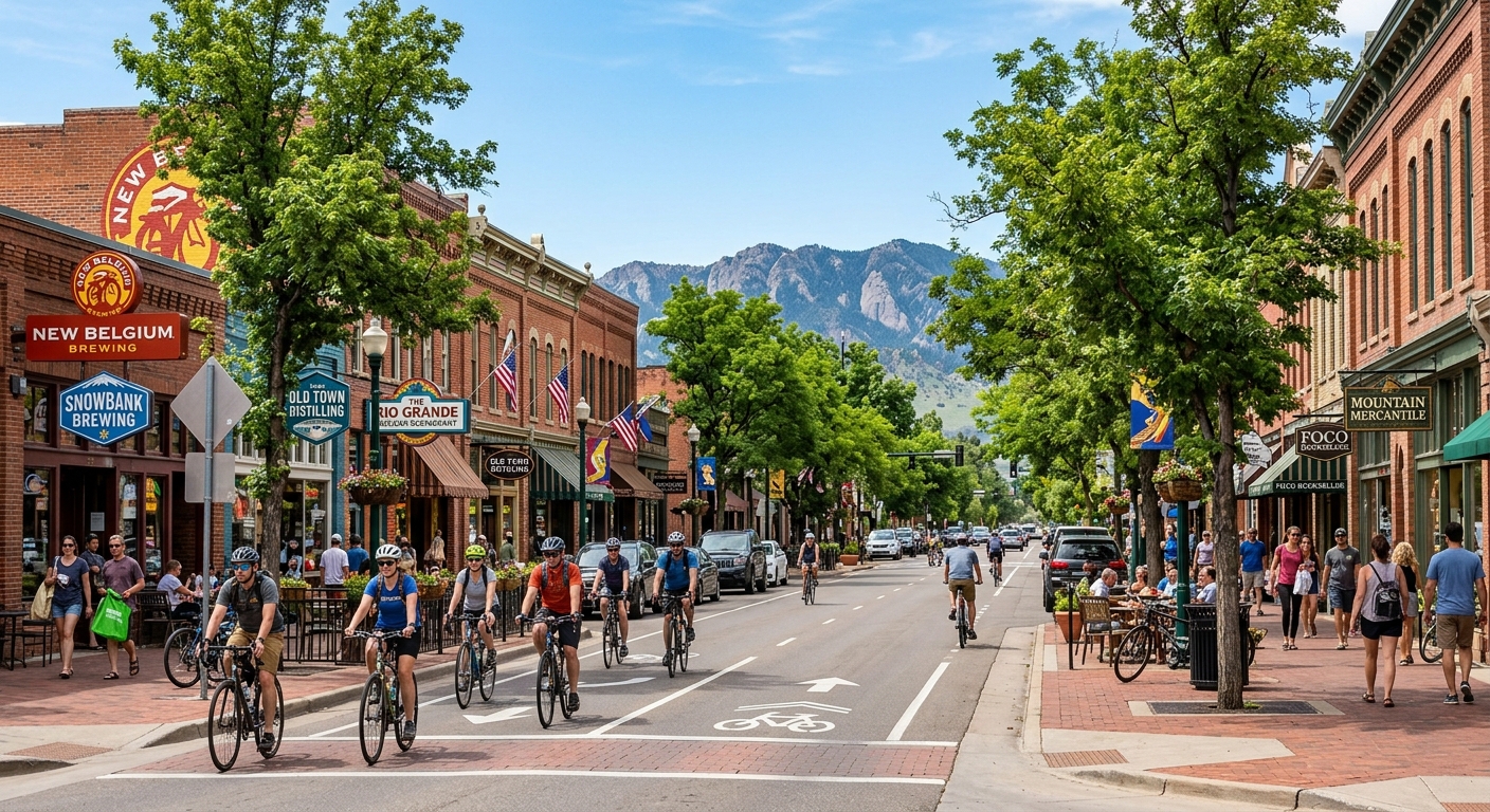 Downtown Fort Collins Colorado street scene with charming shops and restaurants, craft brewery signs, bicyclists on tree-lined streets, Rocky Mountain foothills visible in background under bright blue sky
