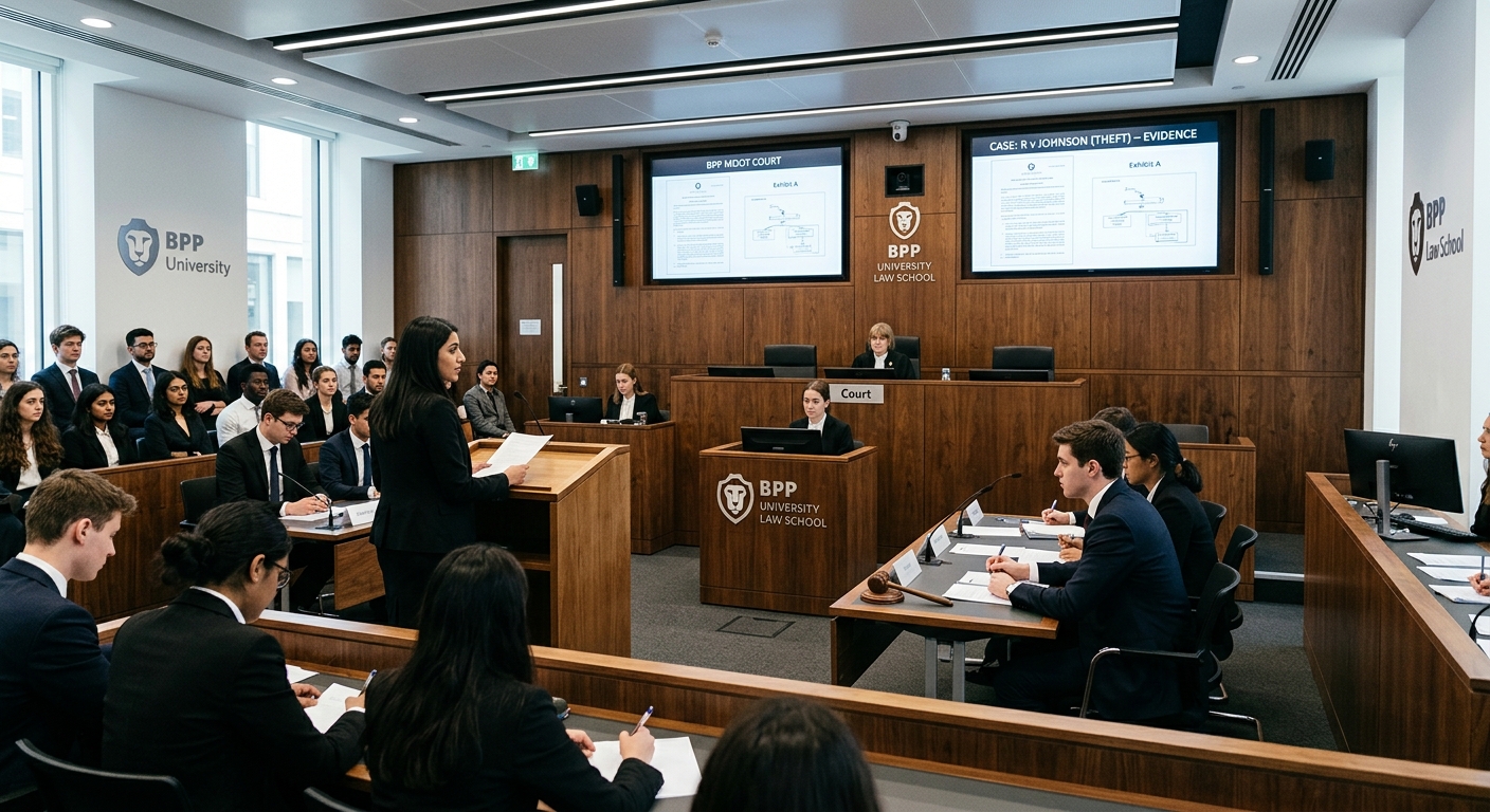 Modern BPP University Law School campus interior featuring a mock courtroom with wooden panelling, professional lighting, law students in formal attire practicing advocacy, and digital screens displaying case materials in a contemporary UK legal education setting
