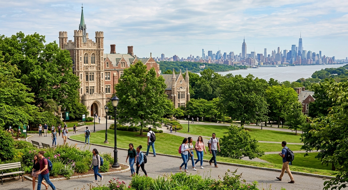 Manhattan University campus in Riverdale, New York with historic Gothic-style buildings surrounded by green trees, students walking along pathways, with the Hudson River and New York City skyline visible in the background