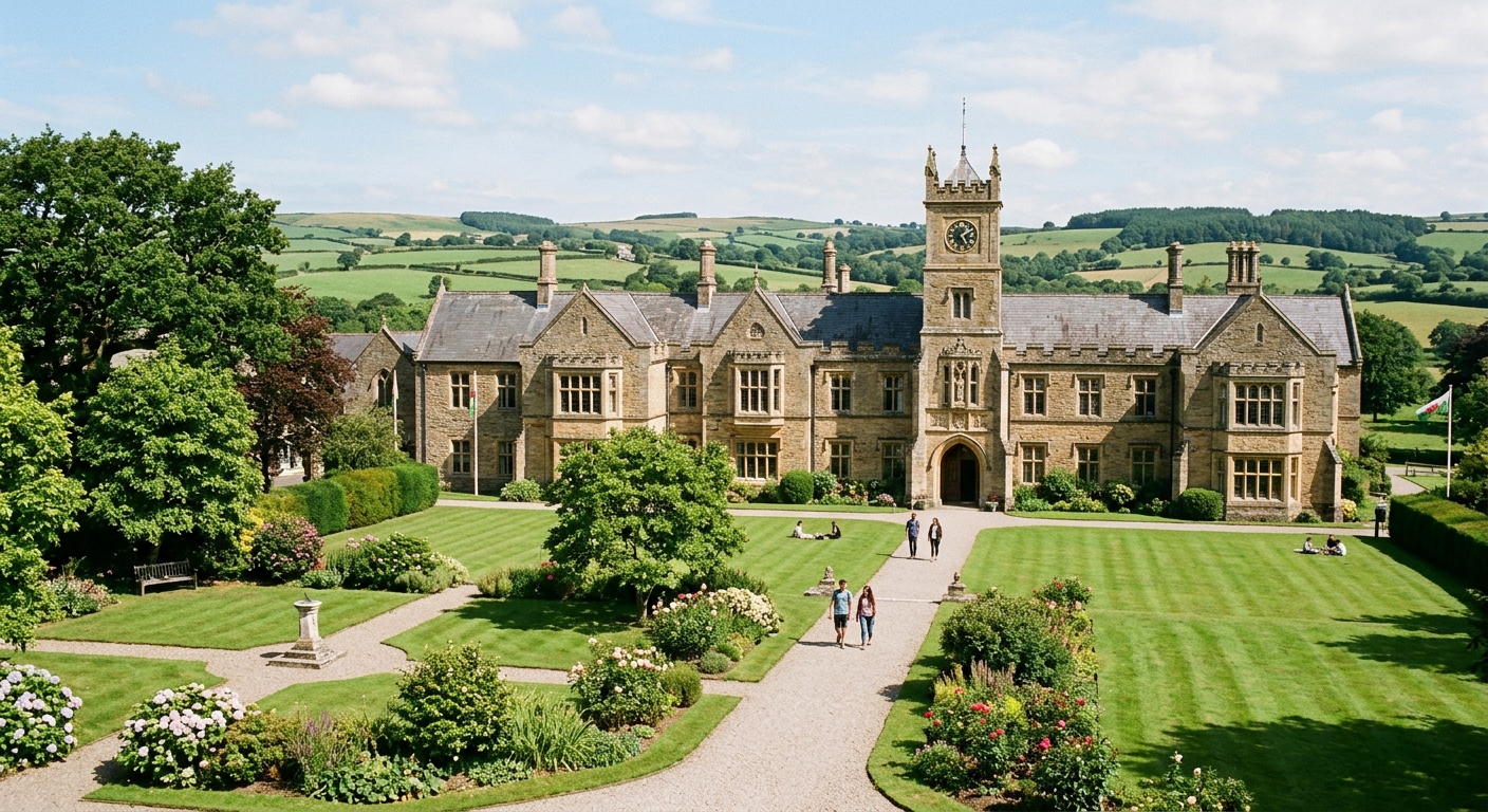 Historic Carmarthen campus of UWTSD, original 1848 Old Building surrounded by green lawns and gardens, traditional stone architecture, Welsh countryside setting