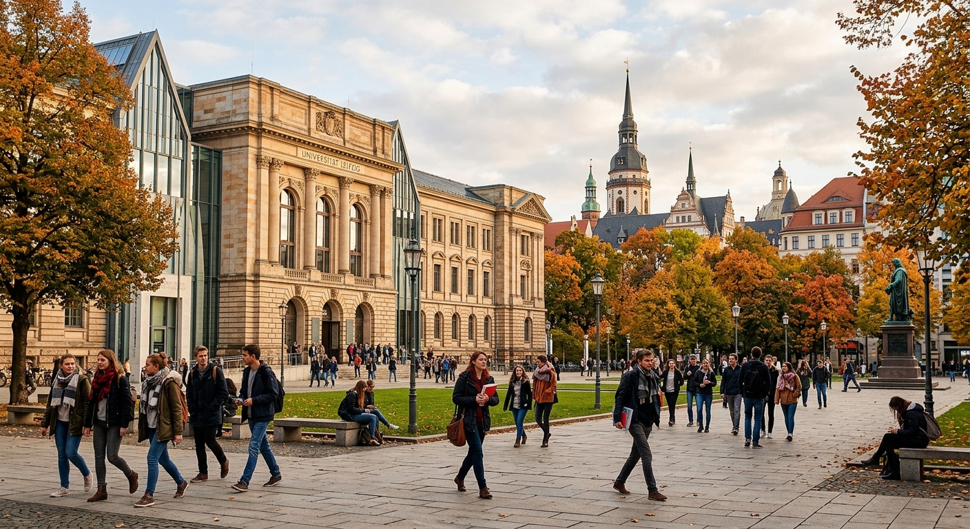 Historic University of Leipzig campus building with classical architecture, students walking through courtyard, European city center backdrop with autumn foliage, Leipzig Saxony Germany