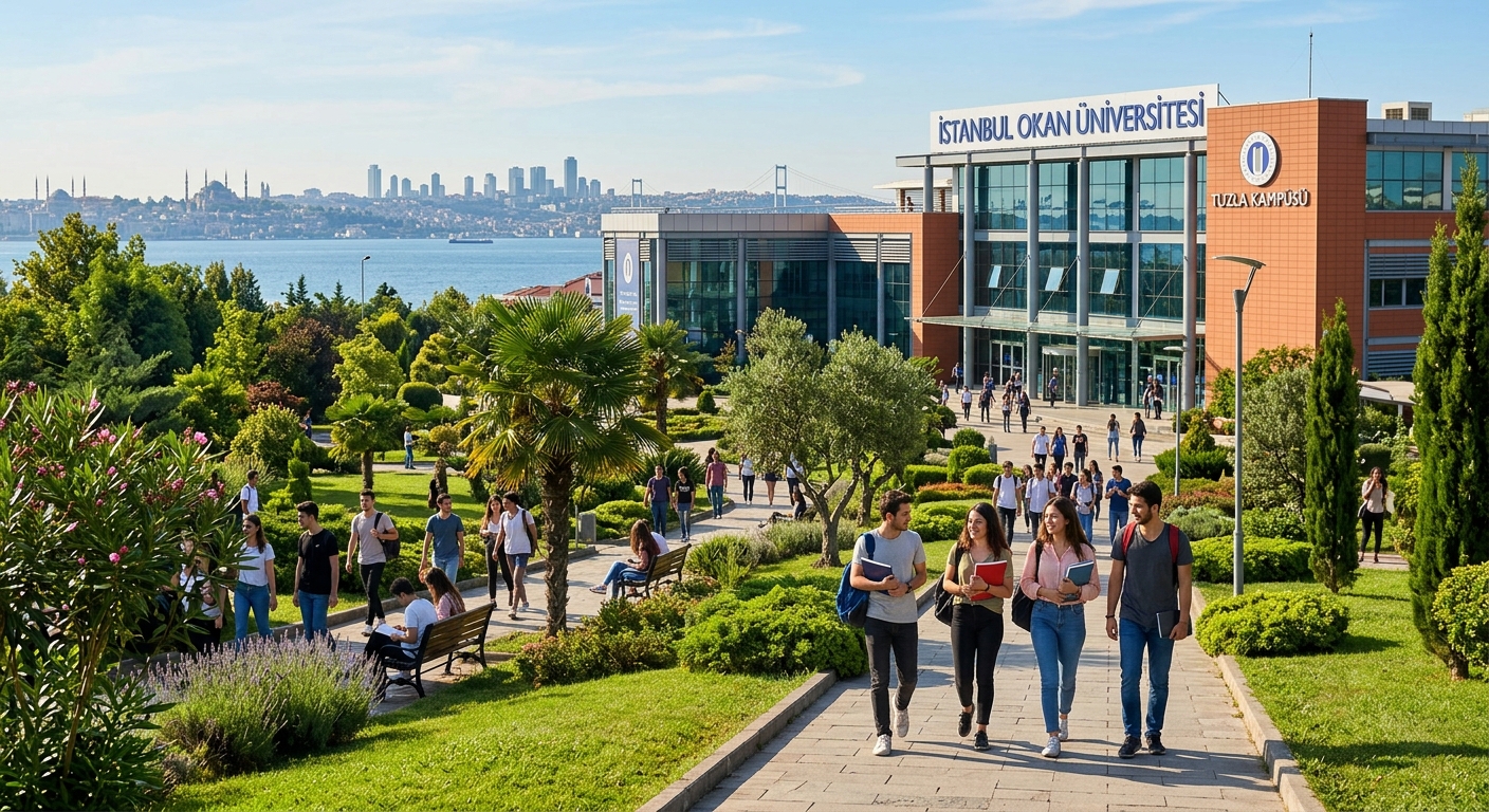 Istanbul Okan University modern campus building in Tuzla district, students walking through green landscaped grounds with Istanbul skyline in background, warm Mediterranean sunlight