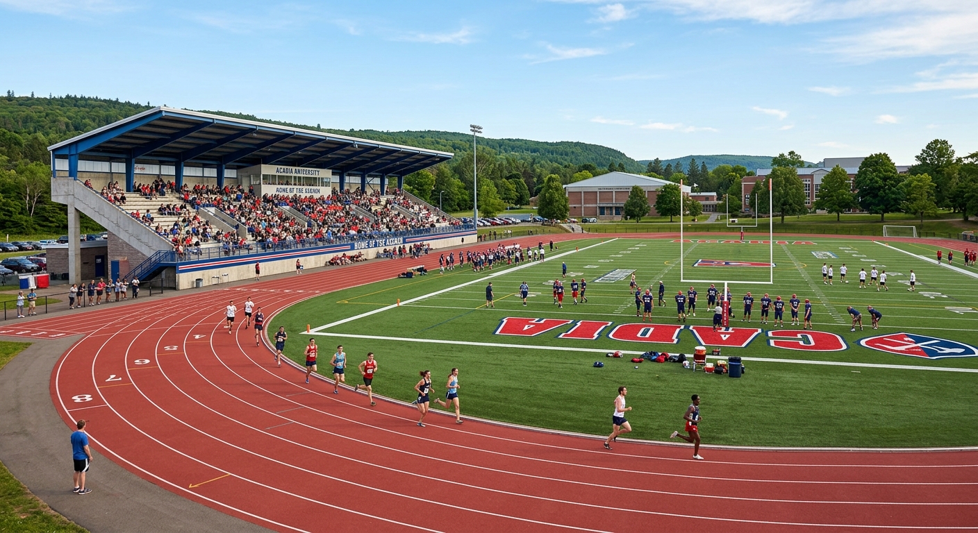 Raymond Field at Acadia University, artificial turf sports field with roofed stadium seating, 400-metre rubberized track, students and athletes training